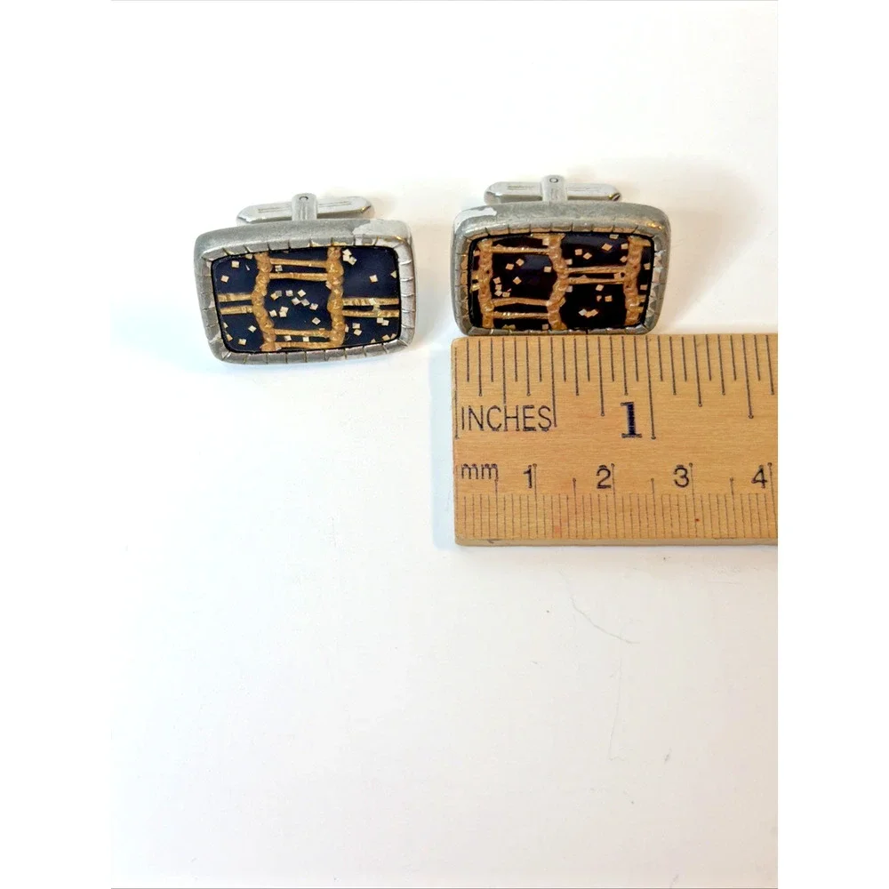 Vintage HICKOK USA Black Gold Enamel Silver Tone Abstract Cufflinks Mid Century